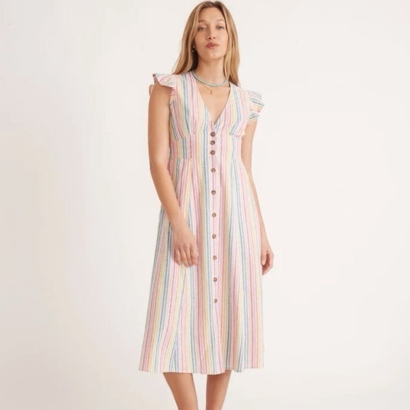 Marine Layer Hemp Camila Rainbow Stripe Button Front Midi Dress size Small - Picture 3 of 8